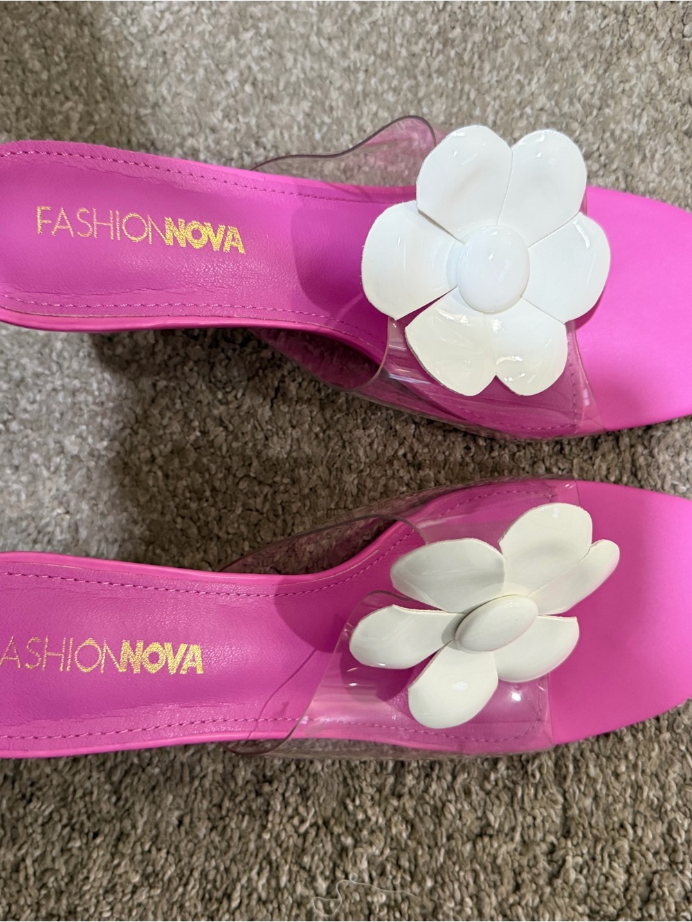 Fashion Nova Hot Pink Slide Mules with White Floral Accent